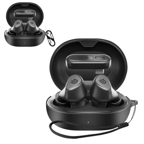 For SteelSeries Arctis GameBuds ケース [HVUYAL] 紛失防止用のフックを搭載した 軽量 キズ防止 防塵 傷つきにくい 柔らかなシリカゲルのスポーツクールなデザイン 衝撃 吸収 スリム ソフト ケースカバー 落下防止保護(ブラック)