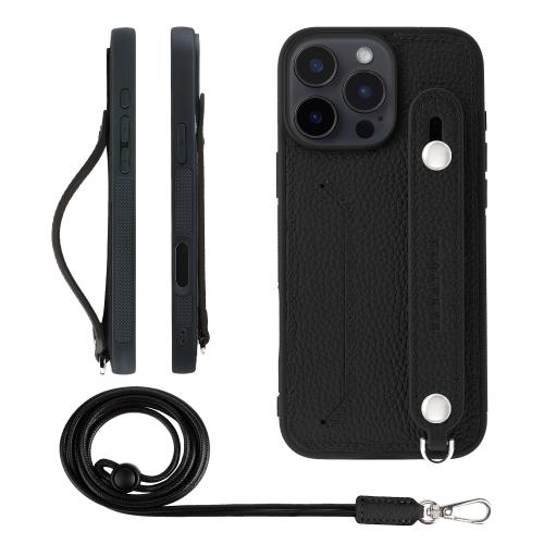 HANATORA iPhone16ProMax ケース 本革 耐衝撃 背面ベルト ストラップリング スマホケース スマホ スタンド機能 ネックストラップ 付き カードポケット シュリンクレザー ギフト ブラック CGHGZ-16ProMax-Black