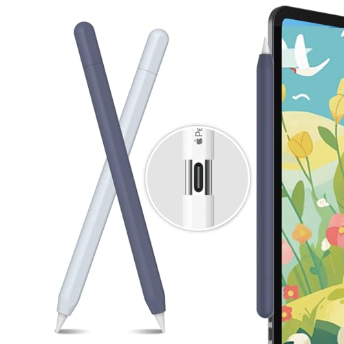 AhaStyle 超薄型 Apple Pencil (USB-C) シリコン保護ケース 滑り止め Apple Pencil (USB-C) 2023のみに適用 2個セット (単色2本, ネイビー，水色)
