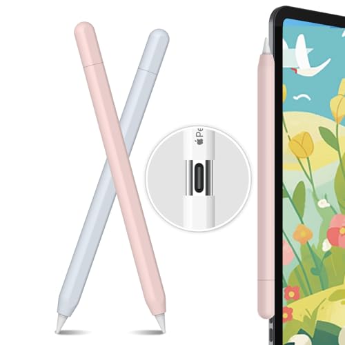 AhaStyle 超薄型 Apple Pencil (USB-C) シリコン保護ケース 滑り止め Apple Pencil (USB-C) 2023のみに適用 2個セット (単色2本, ピンク，水色)