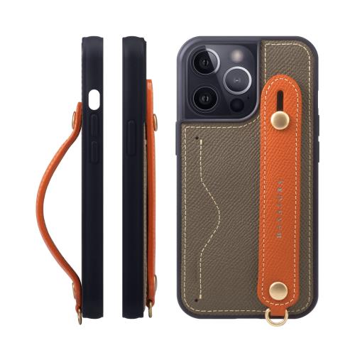 HANATORA iPhone14Pro ケース 本革 耐衝撃 背面ベルト カードポケット スマホケース スマホ スタンド機能 ネック ストラップ 付き エンボスレザー ギフト マグネットなし トープ+オレンジ NCGH-14Pro-Taupe-OG