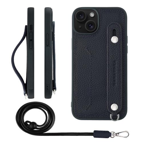 HANATORA iPhone15 ケース 本革 耐衝撃 背面ベルト ストラップリング スマホケース スマホ スタンド機能 ネックストラップ 付き カードポケット シュリンクレザー ギフト ネイビー CGHGZ-15-Navy