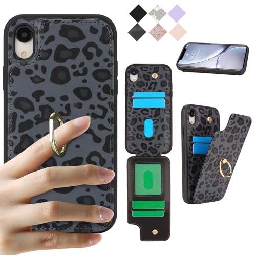 Cavor iPhoneXR 手帳型ケースiPhoneXR ケース背面ポケット付きiPhone10R ケースカードポケット上下開iPhone10Rスマホケース iPhoneXR 携帯ケースRFID機能iPhoneXR 財布型ケースiPhoneXR case 360°回転リング 可愛い横置 免許証と カード収納 Qi急速充電対応 落下防止-黒ヒョ