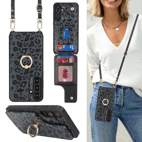 Cavor Galaxy S24 Ultra SC-52E SCG26 手帳型ケースGalaxy S24 Ultra スマホケースショルダー クロスボディ肩掛け 首かけ 斜めがけ 背面ポケット付きGalaxy S24 Ultraケースカード収納上下開Galaxy S24 Ultra 携帯ケースショルダーRFID機能財布型 360°回転リング 横置磁気機