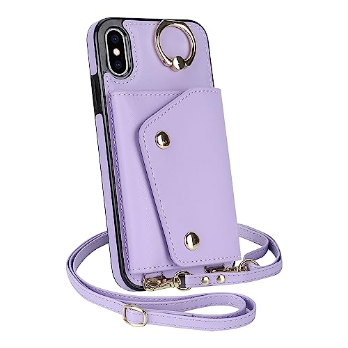 アイフォンXSケース 手帳型 PU革 カード収納 小銭入れ iphoneXS 手帳型ケース スマホカバー アイフォンXケース手帳型 長ストラップ リング付き iphone Xケース手帳型 肩がけ 首掛け 斜め掛け-パープル