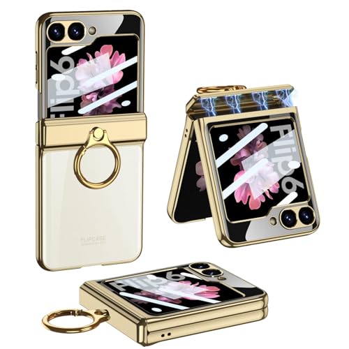 Galaxy Z Flip6 クリア ケース ヒンジ保護 Samsung ギャラクシーZ フリップ6 用 カバー リング付き スタンド機能 Uovon スマホケース 背面に保護フィルム付き ストラップ穴付き メッキ 超軽量 超薄型 おしゃれ · ゴールド