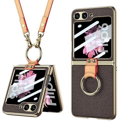 Galaxy Z Flip6 ケース ストラップ付き Samsung ギャラクシーzフリップ6 / SC-54E 用 カバー リング付き Uovon スマホケース 軽量 液晶保護フィルム付き カメラレンズ保護 薄型 全面保護 人気 電気メッキ おしゃれ スタンド ・ ブラウン