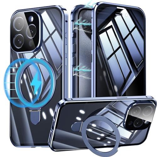 iPhone 15 Pro Max Case, Double-Sided, MagSafe Compatible, Anti-Spy, Glass Case, 360° Full Protection, Uovon Smartphone Case, iPhone 15 Pro Max Full Cover, Multifunctional Integrated Stand, Camera Lens Protection, Lockable - Blue