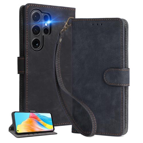 UnivoColors Galaxy S25 Ultra (SC-52F/SCG32) 手帳型 スマホケース 携帯カバー 高級合皮 RFIDブロッキング カード収納 専属ストラップ同梱 マグネット開閉 全面保護 カメラ保護(ブラック)