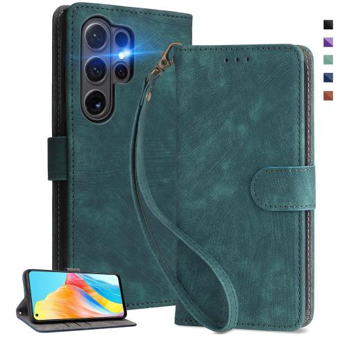 UnivoColors Galaxy S25 Ultra (SC-52F/SCG32) 手帳型 スマホケース 携帯カバー 高級合皮 RFIDブロッキング カード収納 専属ストラップ同梱 マグネット開閉 全面保護 カメラ保護(グリーン)