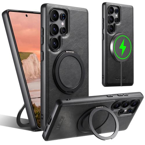 JCGOOD Samsung Galaxy S25 Ultra ケース360度回転スタンド隠し収納式多機能リング一体型横縦両立角度調整ギャラクシー S25 ウルトラ ケースMagSafe対応マグネット搭載サムスンS25 Ultra カバー滑り止め ワイヤレス充電ストラップ ホール付きレザー スマホケース軽量薄型耐衝