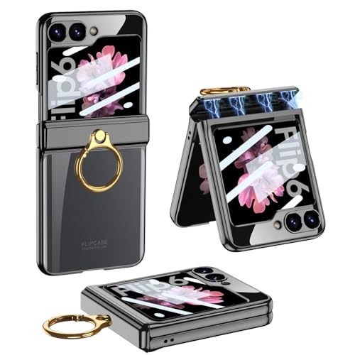 Galaxy Z Flip6 クリア ケース ヒンジ保護 Samsung ギャラクシーZ フリップ6 用 カバー リング付き スタンド機能 Uovon スマホケース 背面に保護フィルム付き ストラップ穴付き メッキ 超軽量 超薄型 おしゃれ · ブラック