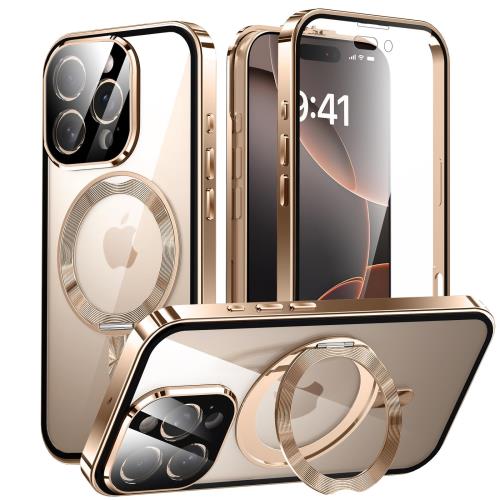 iPhone 16 Pro Max 用 両面 MagSafe対応 ケース アイフォン16プロマックス アルミバンパー 360°回転スタンド Uovon スマホケース アイホン16プロマックス 全面保護 カバー カメラレンズ保護 ワイヤレス充電対応 ロック機能 ・ デザートチタニウム