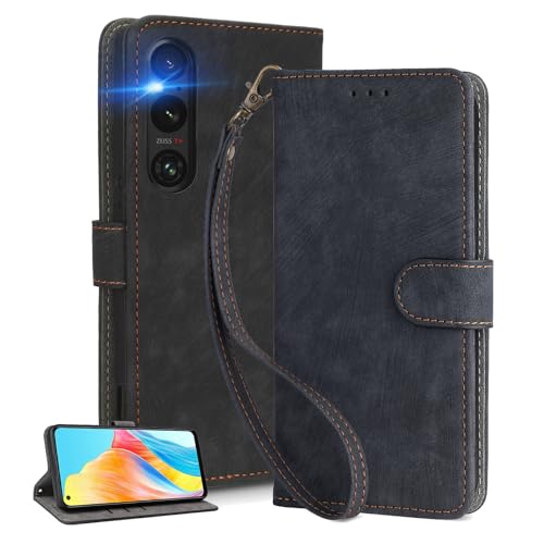 乐天商城 - UnivoColors Sony Xperia 1 VI（SO-51E/ SOG13） 手帳型 スマホケース 携帯カバー 高級合皮 RFIDブロッキング カード収納 専属ストラップ同梱 マグネット開閉 横置きスタンド機能 放熱性 着脱しやすい 全面保護 カメラ保護 衝撃吸収 落ち着いた色(ブラック)