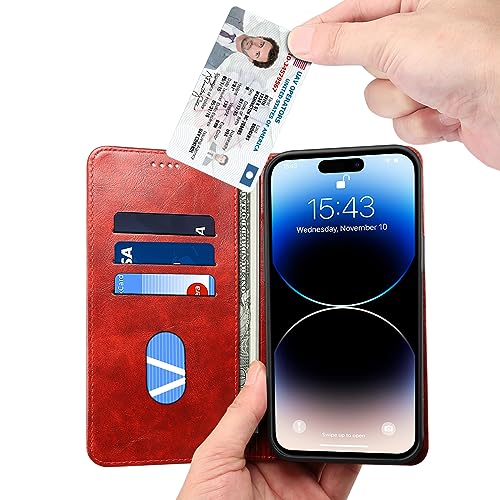 JCGOOD iPhone 15 Pro ケース 手帳型 カード収納 アイフォン 15 Pro カバー 手帳 カード入れ 財布型 スタンド機能 マグネット式 本革 レザー スマホケース 軽量 薄型 防塵 耐衝撃 保護 携帯ケース アイホン 15 プロ 6.1 対応 レッド