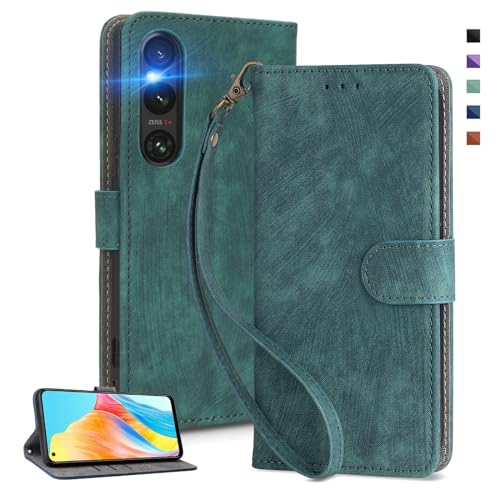乐天商城 - UnivoColors Sony Xperia 1 V（SO-51D/SOG10） 手帳型 スマホケース 携帯カバー 高級合皮 RFIDブロッキング カード収納 専属ストラップ同梱 マグネット開閉 横置きスタンド機能 放熱性 着脱しやすい 全面保護 カメラ保護 衝撃吸収 落ち着いた色(グリーン)