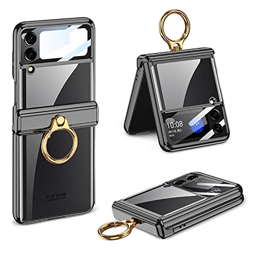 Galaxy Z Flip4 クリア ケース ヒンジ保護 Samsung ギャラクシーZ フリップ 4 5G / docomo SC-54C / au SCG17 用 カバー リング付き スタンド機能 Uovon スマホケース 背面に保護フィルム付き ストラップ穴付き メッキ 超軽量 超薄型 おしゃれ · ブラック