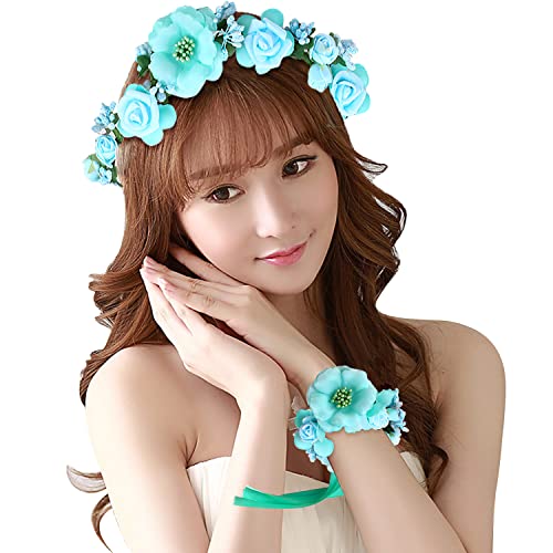 ハロウィン 花冠 花かんむり お花の 冠 花冠 ヘッドドレス 髪飾り ヘアアクセサリー ウェディング ダンス衣装 ロマンチック お花の冠 腕輪 パーティー 結婚式 写真撮影 2次会 発表会 演奏会 コンサート (ブルー)