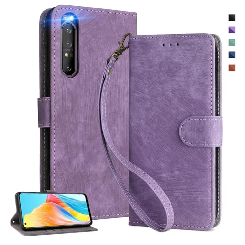Rakuten - UnivoColors Sony Xperia 1II（SO-51A/SOG01） 手帳型 スマホケース 携帯カバー 高級合皮 RFIDブロッキング カード収納 専属ストラップ同梱 マグネット開閉 横置きスタンド機能 放熱性 着脱しやすい 全面保護 カメラ保護 衝撃吸収 落ち着いた色(ムラサキ)