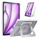 米軍MIL規格・縦置き/横置きスタンドiPad Air 11インチ ケース M3(2025)・M2(2024)対応 iPad Air 第5/4世代(2022/2020)専用カバー アルミ調節式 縦横スタンド ペンシルホルダー付き 薄型 軽量 耐衝撃 半透明カバー (ホワイト)