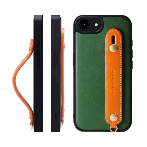 HANATORA iPhone16e ケース 本革 耐衝撃 背面ベルト ストラップリング スマホケース スマホ スタンド機能 ネックストラップ 付き イタリアンレザー ギフト マグネットなし グリーン+オレンジ TGH-16e-GreenOG
