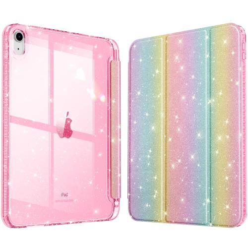 Fintie iPad 第11世代 (A16、2025) / 第10世代 (2022) ケース 11/10.9インチ キラキラ透明バックカバー クリアケース Pencil 収納可能 三つ折スタンド スリープ機能 軽量 薄型 傷つけ防止 PU合成レザー(レーンボー)