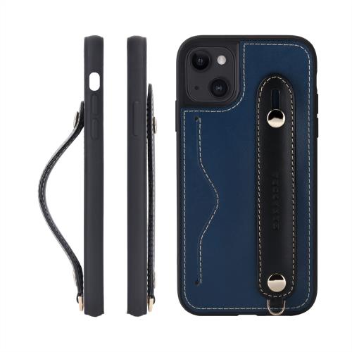 HANATORA 15 ケース 本革 耐衝撃 背面ベルト ストラップリング スマホケース スマホ スタンド機能 ネックストラップ 付き イタリアンレザー ギフト ブルー+ブラック CGH-15-Blue-BK