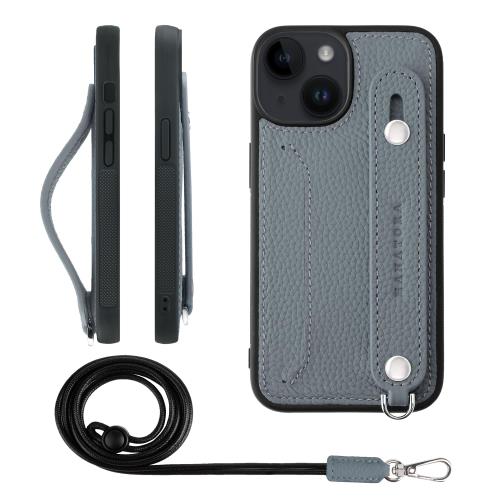 HANATORA iPhone14 ケース 本革 耐衝撃 背面ベルト ストラップリング スマホケース スマホ スタンド機能 ネックストラップ 付き カードポケット シュリンクレザー ギフト ブルーグレー CGHGZ-14-BlueGray