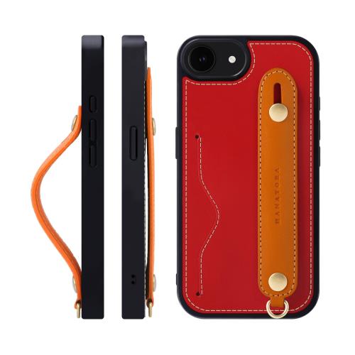 HANATORA 16e ケース 本革 耐衝撃 背面ベルト ストラップリング スマホケース スマホ スタンド機能 ネックストラップ 付き イタリアンレザー ギフト レッド+オレンジ CGH-16e-Red-OG
