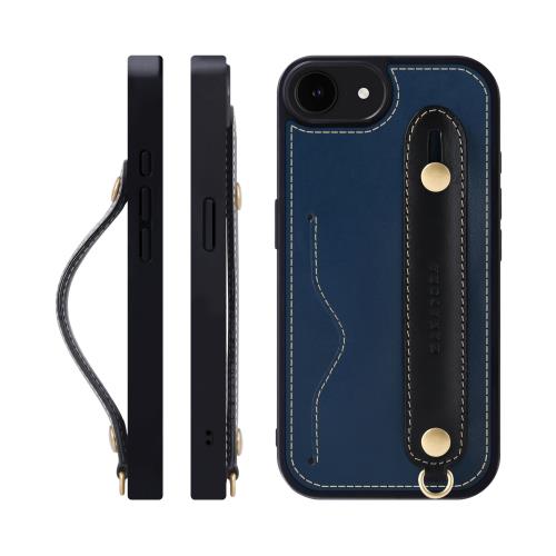 HANATORA 16e ケース 本革 耐衝撃 背面ベルト ストラップリング スマホケース スマホ スタンド機能 ネックストラップ 付き イタリアンレザー ギフト ブルー+ブラック CGH-16e-Blue-BK