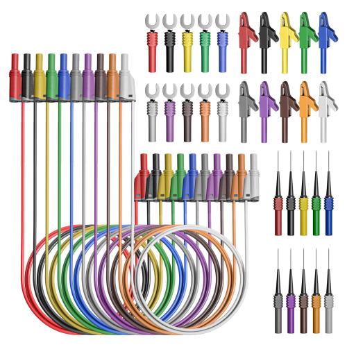 Cleqee バナナプラグテストリード アクセサリーセット 4mm 完全絶縁 シリコン製 安全カバー付き ワニ口クリップ/U型プラグ/プローブピン 10色40点セット 電気試験用 (スタッカブル対応)