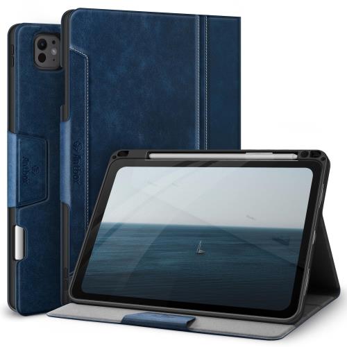Antbox iPad Pro 11インチ ケース M4 (2024) 専用 ペンシル ホルダー Pencil Pro/USB-C完全対応 ひび割れ防止 ソフトPUレザー マルチスタンド機能 オートスリープ (ブルー)