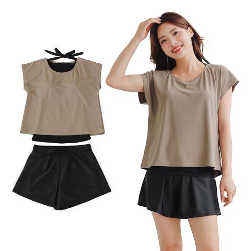 [JOMA-E Shop] タンキニ 水着 レディース 体型カバー 半袖シャツ ラッシュガード ハーフパンツ 2点セット ビキニ セパレート オーバーサイズ 露出控えめ 普段着 女の子 かわいい (JP, アルファベット, L, 標準, カーキー)