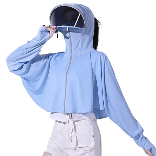 [JOMA-E Shop] 日焼け止め服 ラッシュガード レディース 自転車用 バイザー 日除けカバー つば広帽子 長袖 ジャケット サンシェードパーカー レディ UVカットガード アウトドア 紫外線対策 通気性 軽量 防風 おしゃれ サンハット 吸汗速乾 (水色)