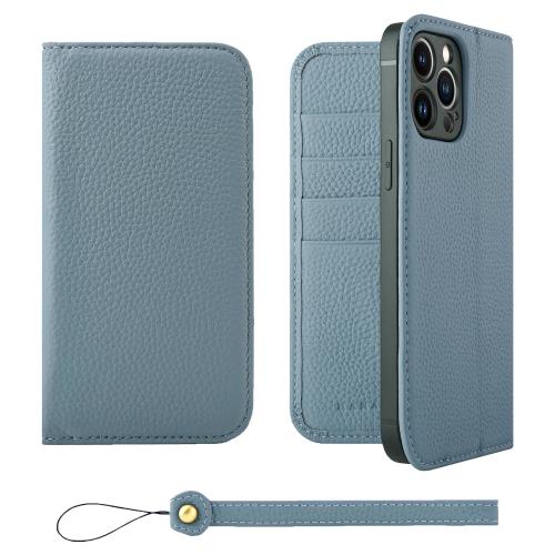 Rakuten - HANATORA iPhone13ProMax ケース 手帳型 本革 スマホケース スマホ スタンド ストラップ 付き シュリンクカーフレザー ギフト ベルトなし マグネットなし ブルーグレ・