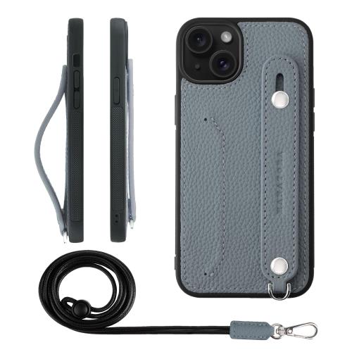 HANATORA iPhone15Plus ケース 本革 耐衝撃 背面ベルト ストラップリング スマホケース スマホ スタンド機能 ネックストラップ 付き カードポケット シュリンクレザー ギフト ブルーグレー CGHGZ-15Plus-BlueGray