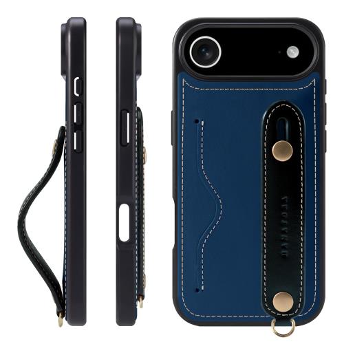 HANATORA 17Air ケース 本革 耐衝撃 背面ベルト ストラップリング スマホケース スマホ スタンド機能 ネックストラップ 付き イタリアンレザー ギフト ブルー+ブラック CGH-17Air-Blue-BK