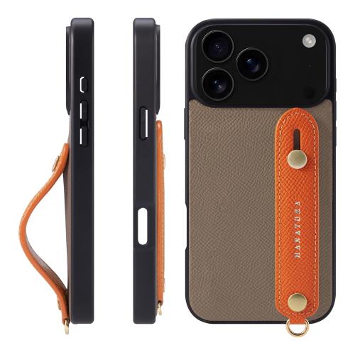 HANATORA iPhone用 17ProMax ケース 本革 耐衝撃 背面ベルト スマホケース スマホ スタンド機能 ネック ストラップ 付き エンボスレザー ギフト マグネットなし トープ+オレンジ NGH-17ProMax-Taupe-OG