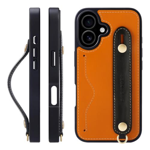 HANATORA 17 ケース 本革 耐衝撃 背面ベルト ストラップリング スマホケース スマホ スタンド機能 ネックストラップ 付き イタリアンレザー ギフト オレンジ+ブラック CGH-17-Orange-BK