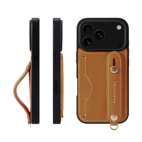 HANATORA iPhone用 17Pro ケース 本革 耐衝撃 背面ベルト カードポケット スマホケース スマホ スタンド機能 ネック ストラップ 付き エンボスレザー ギフト マグネットなし キャラメル NCGH-17Pro-Caramel