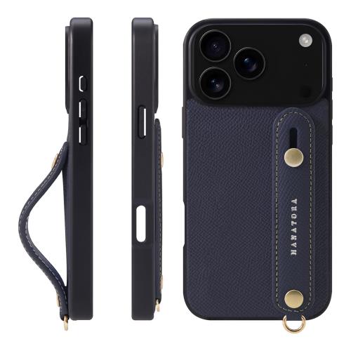 HANATORA iPhone用 17ProMax ケース 本革 耐衝撃 背面ベルト スマホケース スマホ スタンド機能 ネック ストラップ 付き エンボスレザー ギフト マグネットなし ネイビー NGH-17ProMax-Navy