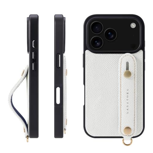 HANATORA iPhone用 17Pro ケース 本革 耐衝撃 背面ベルト スマホケース スマホ スタンド機能 ネック ストラップ 付き エンボスレザー ギフト マグネットなし ホワイト NGH-17Pro-White