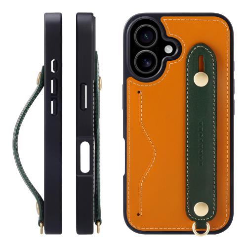 HANATORA 17 ケース 本革 耐衝撃 背面ベルト ストラップリング スマホケース スマホ スタンド機能 ネックストラップ 付き イタリアンレザー ギフト オレンジ+グリーン CGH-17-Orange-GN
