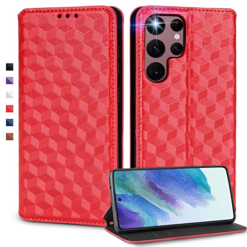 UnivoColors Galaxy S22 Ultra (SC-52C/SCG14) 手帳型ケース 高級合皮 カード収納 マグネット開閉 スタンド機能 ストラップホール付き TPUソフトバンパー 全面保護 カメラ保護 衝撃吸収 ビジネス おしゃれ カバー(レッド) N1