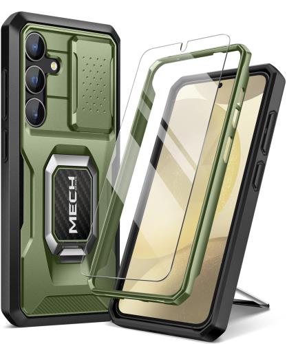 Tongate Samsung Galaxy S24 Plus ケース、強化ガラス製スクリーンプロテクター付、全身保護、軍用級の耐震 Galaxy S24 + Plus 携帯ケース（2024）リングブラケットとスライドカメラカバーを内蔵し、グリーン