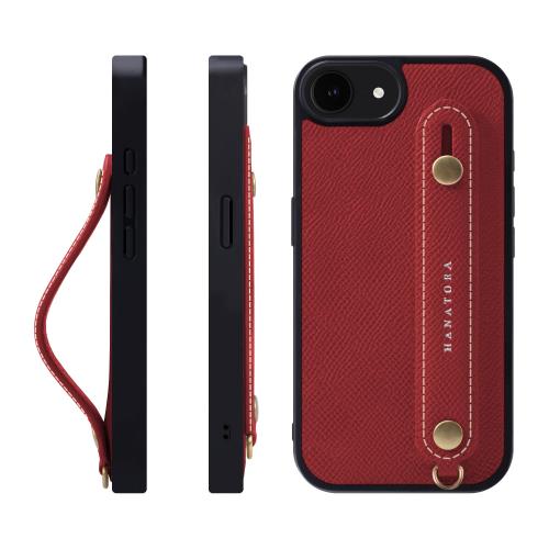 HANATORA iPhone16e ケース 本革 耐衝撃 背面ベルト スマホケース スマホ スタンド機能 ネック ストラップ 付き エンボスレザー ギフト マグネットなし レッド NGH-16e-Red