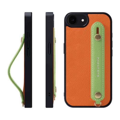 HANATORA iPhone16e ケース 本革 耐衝撃 背面ベルト スマホケース スマホ スタンド機能 ネック ストラップ 付き エンボスレザー ギフト マグネットなし オレンジ+グリーン NGH-16e-Orange-GN
