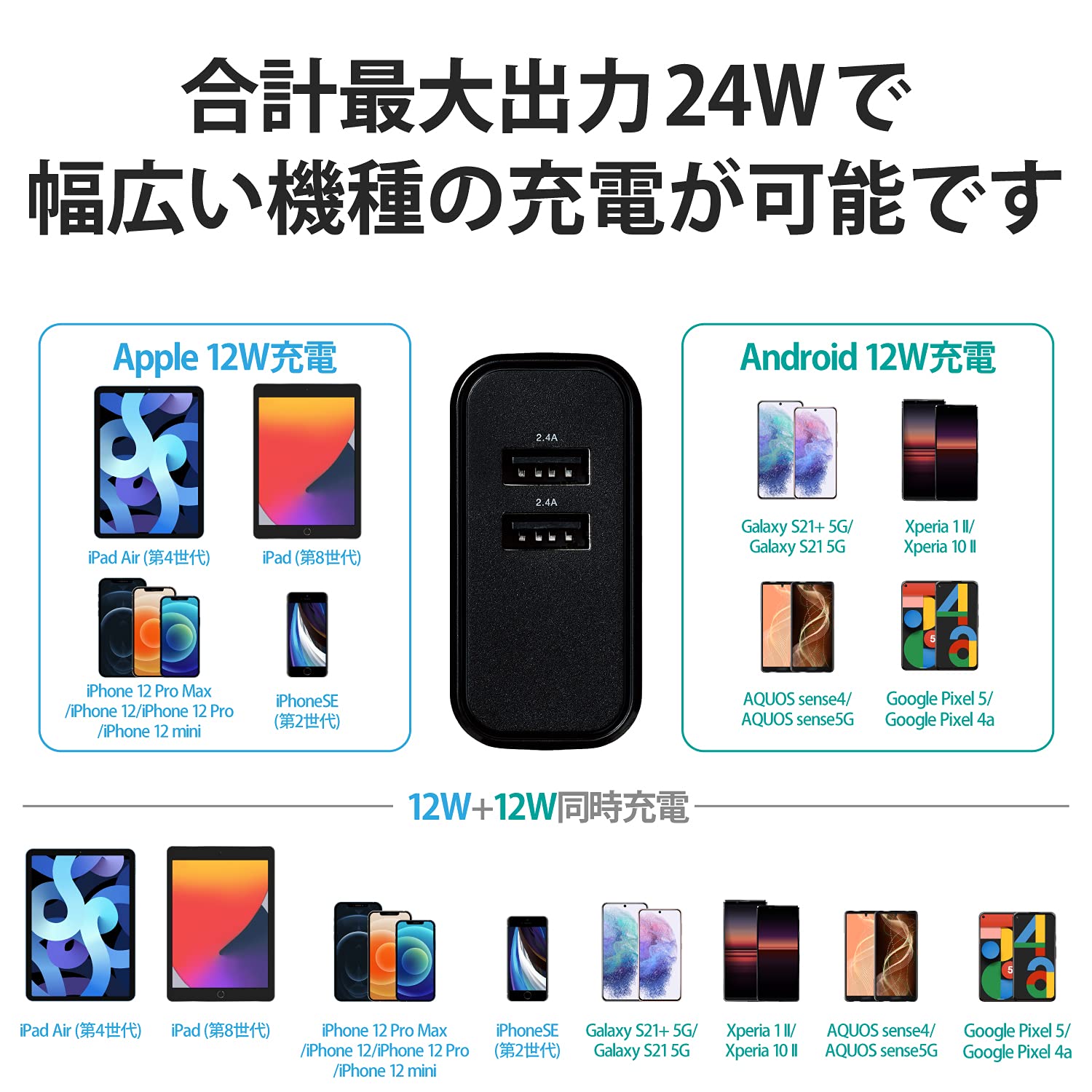 エレコム 充電器 USB コンセント 合計24W 2ポート USB-A 折りたたみ式プラグ 2台同時充電 おまかせ充電対応 iPhone SE3/15/14/13/12/Android 各種対応 ブラック EC-AC03BK