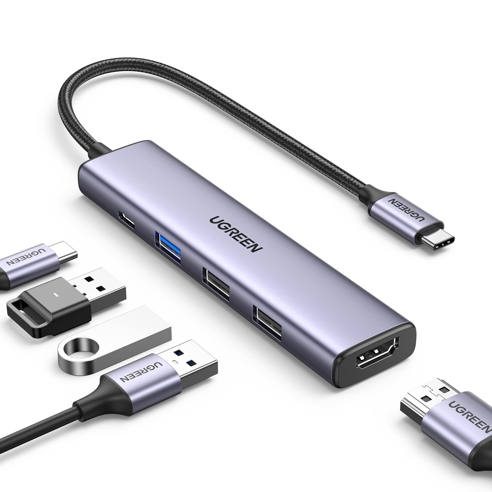 UGREEN USB Cハブ 5-IN-1 USB ハブ Type-C 100W PD急速充電 1*USB3.0+2*USB2.0ポート 5Gbps超高速データ転送用 スリムハブ 4K HDMI出力 Macbook Pro、Macbook Air、iPad Pro、XPSなどと互換性あり