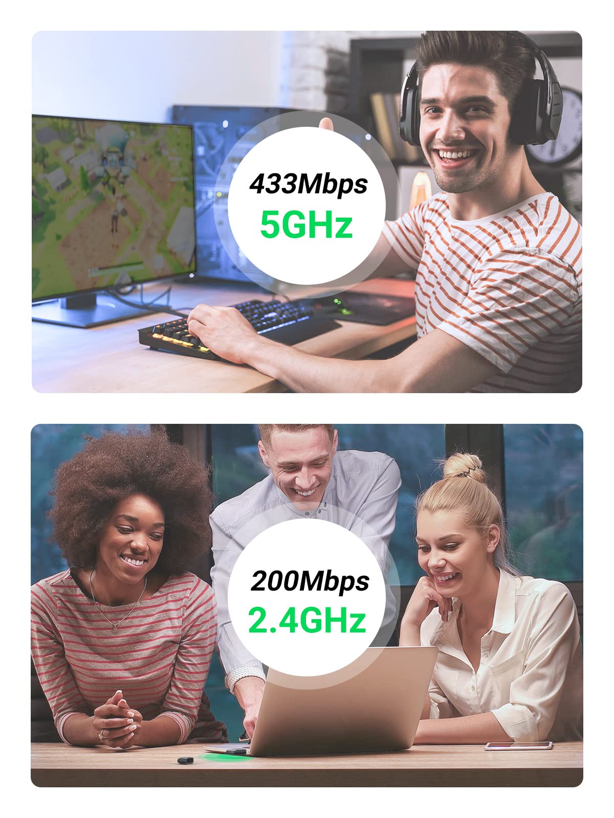 UGREEN Wi-Fi 無線LAN 子機 AC650 433Mbps + 200Mbps Windows10/8.1/8/7 10.11~10.15 Linux 対応 USB ワイヤレス ネットワーク アダプター PC デスクトップ ノートPC用 5GHz/2.4GHz デュアルバンド ミニサイズ 2